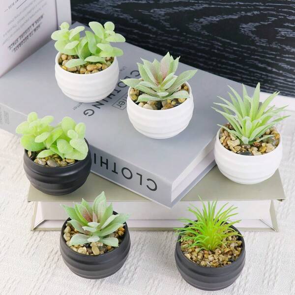 3pcs Set Of Lifelike Artificial Succulent Mini Potted Plants With Ribbed Black/White Pots - Modern, Classic Style In White & Black, PP/PE Material - Ideal For Desk Decor & Spring Festival Celebrations