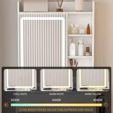 Tocador moderno con espejo LED y espacio de almacenamiento oculto. Incluye taburete acolchado, mueble de tocador con brillo ajustable y estantes antipolvo de varios niveles. Color blanco.
