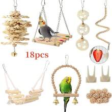 18pcs Bird Toy Set Including Swings, Climbing Ladders, Wooden Chew Toys, Corn Leaves, Rattan Balls, - Multicolor - View 1