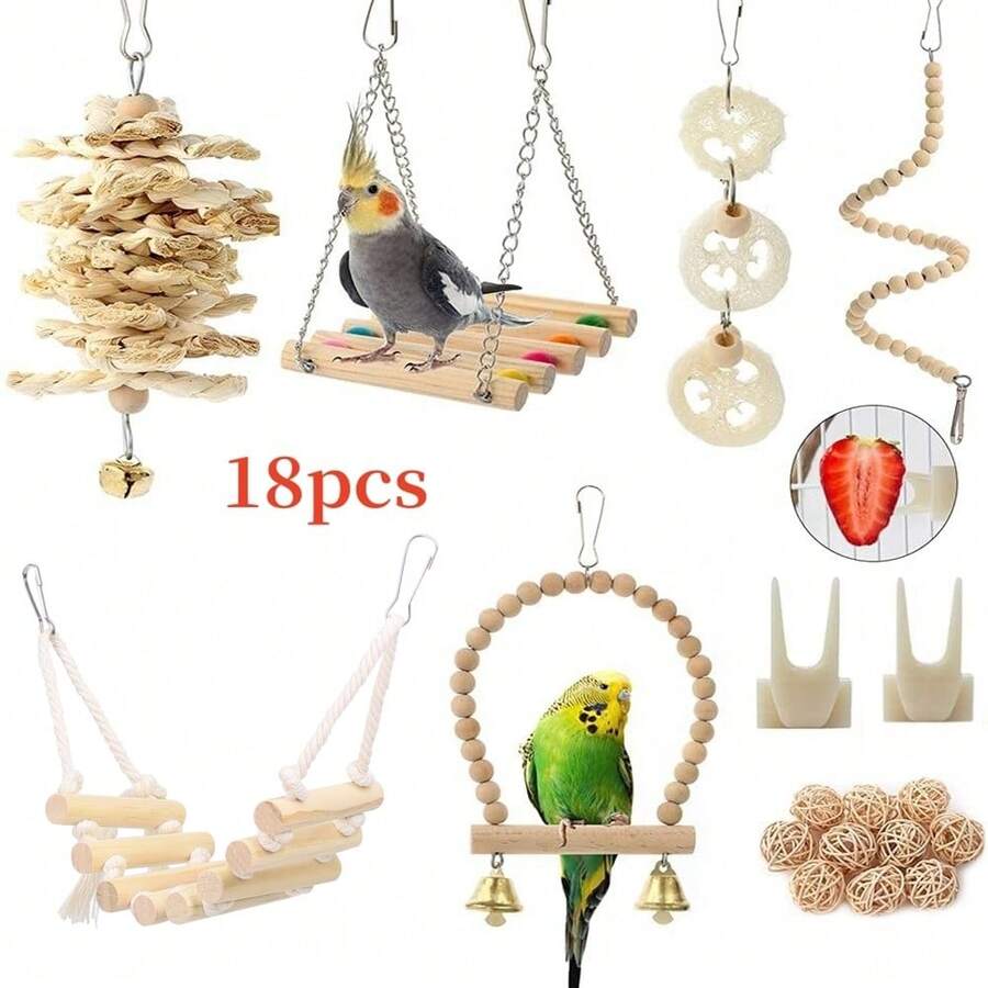 18pcs Bird Toy Set Including Swings, Climbing Ladders, Wooden Chew Toys, Corn Leaves, Rattan Balls, - Multicolor - View 1