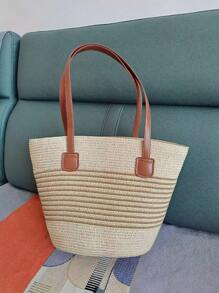 Straw Tote Bag Large Capacity Straw Bag Women's Handbag 2025 New Fashion Versatile Commute Shoulder Bag Beach Bag Travel Holiday Beach Straw Tote Bag Striped Woven Women Bag