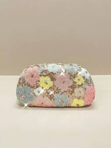 Glamorous Multi-Colored Floral Embroidered Evening Clutch Bag, Elegant Handmade Party Purses And Bags Women With Gold Metal Chain And Exquisite Hardware Handle, Unique Pattern, Prom Accessories, Bridesmaid Gifts, Pink Flowers Straw Bag, Bohemian Handbags For Ladies, Shoulder Crossbody Bags Purse For Party Girls, Bride, College Students, Rookies & White-Collar Workers For Party, Prom, Wedding - Pink - View 5