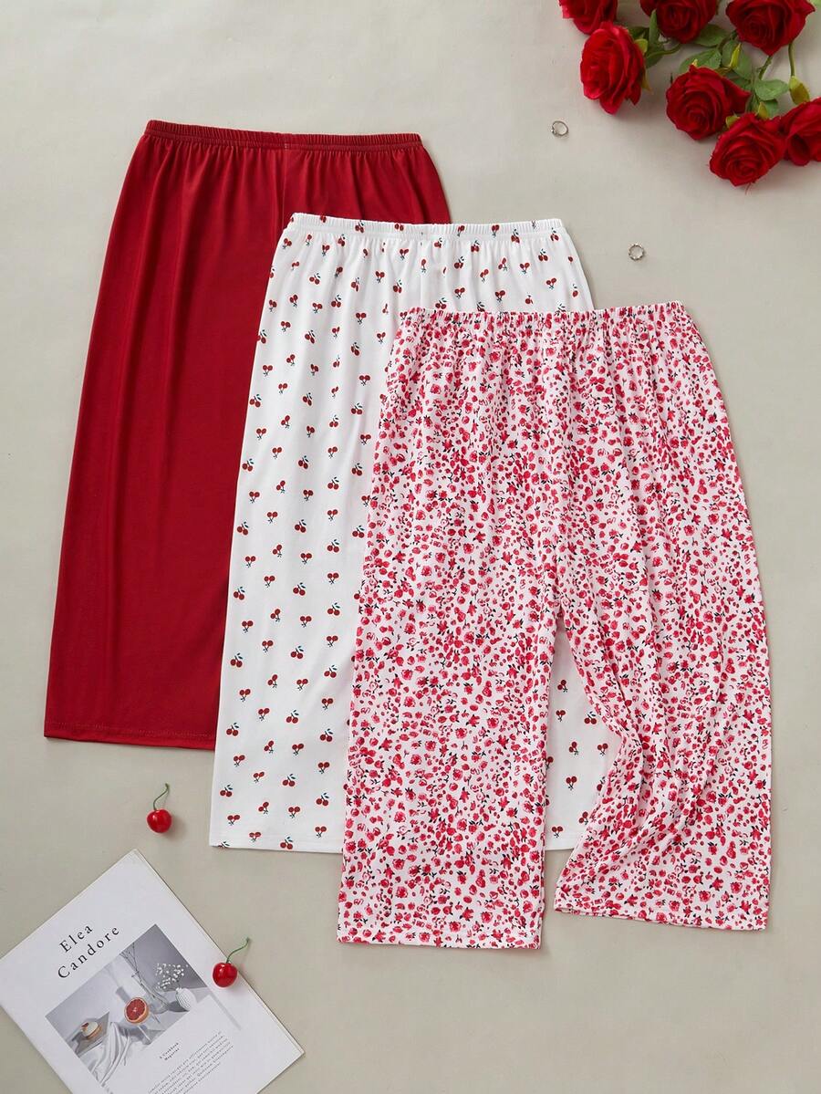 3 件套女士休闲 7/8 裤和短裤,水果樱桃,花卉全身印花,松紧腰,宽松家居服和睡衣 - 彩色 - 查看 1