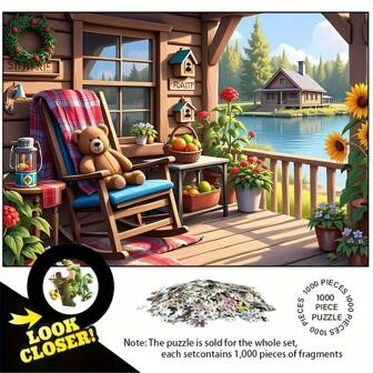 1000/500/300 片成人拼图，湖畔小屋门廊风景拼图，改善情绪和记忆力，增强思维和操控能力，派对游戏挑战拼图，生日节日礼物，成品尺寸 29.52 英寸 * 19.68 英寸