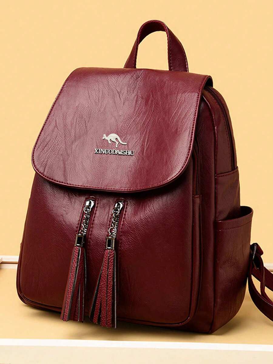 极简主义 PU 皮革女式背包，复古纯色女士背包，时尚休闲大容量两用单肩包，女式书包，便携式，笔记本电脑隔层，大容量，适合少女、女大学生、大学、初中、高中、户外、旅行、郊游、小学、办公室、复古风格女包 - 酒紅色 - 查看 1