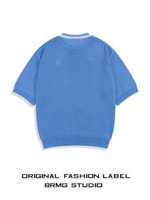 Men & Women Casual Loose Fit Colorful Striped Decorative Edge Short Sleeve Knit Pullover Sweater, Fresh And Energetic Embroidered Heart Design, Round Neck Knitwear, Spring/Summer - Blue - View 7