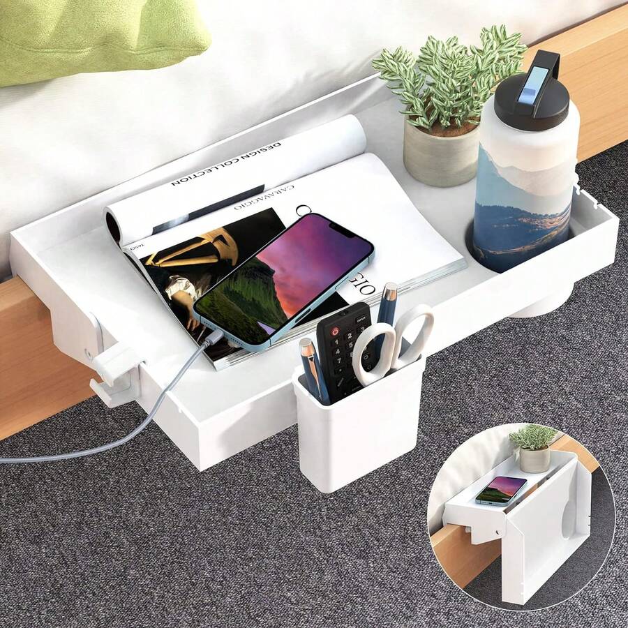 Bedside Shelf For Bed, Foldable Bunk Bed Shelf Clip On Nightstand For Top Bunk College Dorm Room Essentials Floating Table Tray Bed Side Shelf Organizer - 白色 - 查看 1