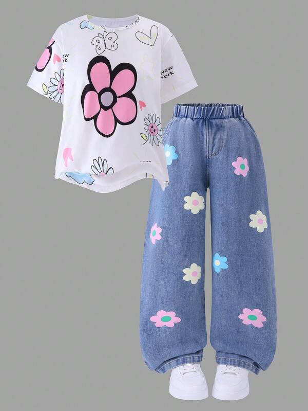 Set de 2 piezas Blusa de manga corta con estampado floral y de letras aleatorio, y pantalones vaqueros azul claro, adecuado para primavera, verano y otoño, para niñas preadolescentes