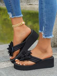 Bohemian Women's Platform Wedge Sandals, New Summer Gorgeous Versatile Fairy Style Floral Flip Flops, Beachwear Vacation Floral Beach Slippers, Elegant Stylish Casual Base Model Floral Beach Party Office Home Outdoor - Black - View 4