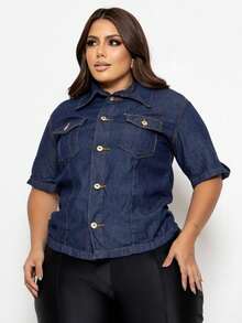 Plus Size Short Sleeve Denim Shirt With Pockets And Buttons - Màu xanh lam - Xem 5