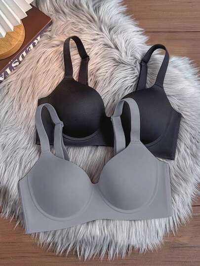 2pcs Simple Solid Color Underwear, Wireless Lightly Lined Bra, Lift & Gather, Full Cup, Seamless, Comfortable