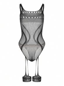 1 pezzo Body sexy in rete nera con decorazione di strass, con effetto scollato e traforato, realizzato in maglia elasticizzata e accattivante per uomo