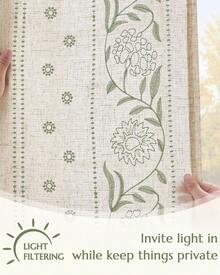 Vangao 2 Pcs Solid Color Embroidered Detail On Linen Fabric Curtains, Nice Quality Classy And Light Filtering Curtains, Great For Privacy While Still Allowing Light Through Curtains,Retro Rural Style Drapes Home Decoration - 綠色 - 查看 7