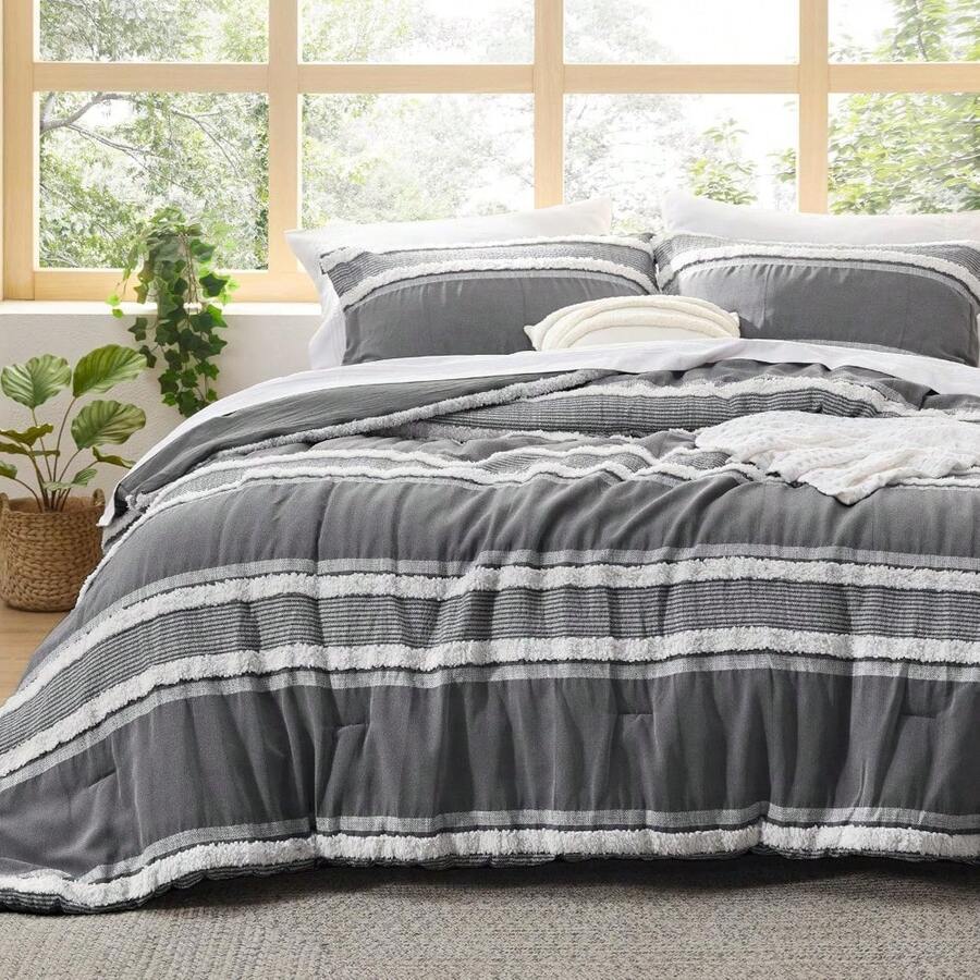 Luxurious Tufted Boho Comforter Set Queen Size - Premium Beige Bedding Ensemble With 3-Piece Shabby Chic Embroidery, Ideal Gifts For Women, Soft Jacquard Queen Comforter For All Seasons - 01 - 深灰色 - 提花 - 查看 1