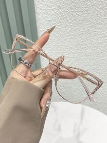 1 pieza Gafas de moda con lente transparente y diseño único de mujer con ojos de gato de metal con rhinestones - transparente - Ver 16