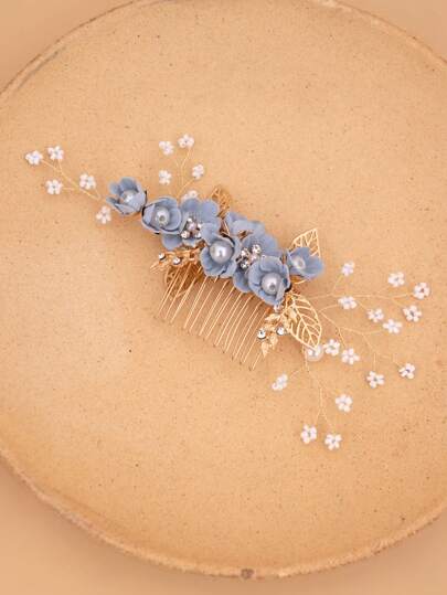 1pc Women's Alloy Leaf & Light Blue Fabric Flower Pearl Handmade Hair Comb Accessory