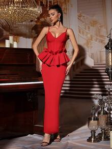 新款红色性感V领无袖露背荷叶边修身绷带长裙优雅婚礼宾客伴娘服生日派对浪漫女士正式晚宴礼服