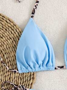 2pcs Set Leopard Print Halter Tie Bikini Swimsuit - Lake Blue - View 4