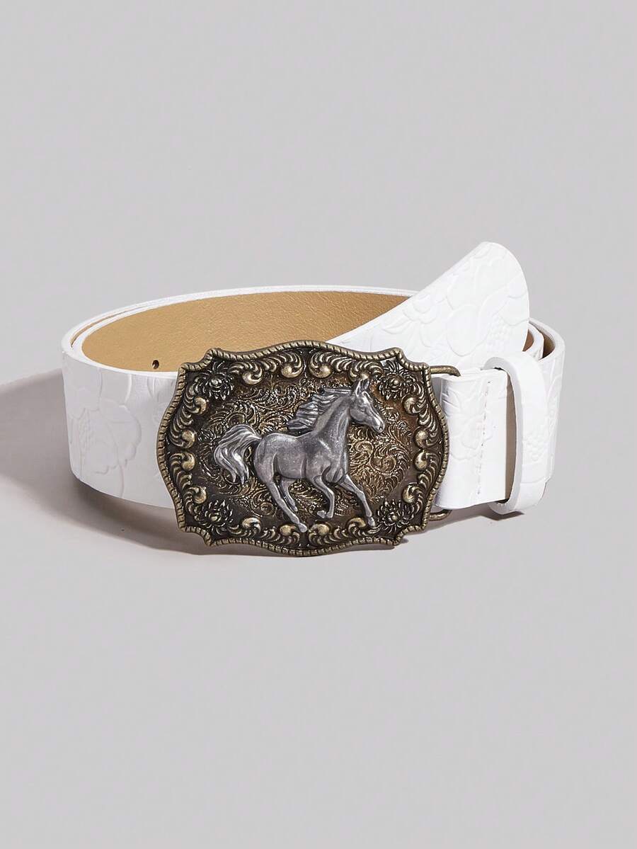 1pc Unisex Vintage Western Style Animal Buckle Embossed PU Leather Belt, Fashion Versatile Accessory For Jeans, Dresses, Suitable For All Seasons Summer, School Fall, Autumn, Halloween - White - View 1