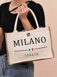 Printed With The Letters' Milano Italia ' Handbag With Makeup Bag, Women's Portable Zipper Wallet, Fashionable Travel Toilet Bag, Lunch Box Bag, Book Bag, Versatile Portable Tote Bag For Teacher, Teacher Appreciation Linen Bag - Multicolor - View 3