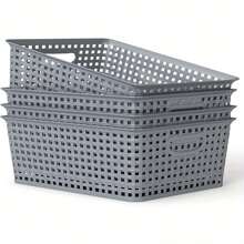 4-Pack Plastic Rattan Storage Baskets, Small Weave Basket Box Set For Kitchen, Bathroom, Bedroom, And Office Organization (L(13.2 X 9.65x 3.55 In))