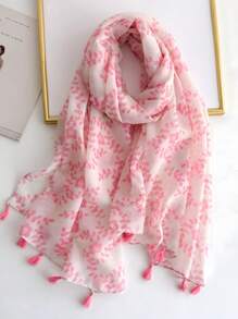 1pc Boho Beach Accessories Plants Print Hijab Tassel Scarf Casual Outdoor Sunscreen Windproof Beach Towel Winter Fall
