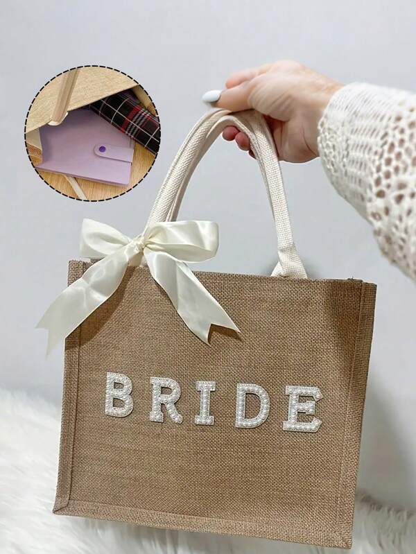 1 pezzo Borsa a tracolla in tela, da donna, elegante e alla moda, con fiocco bianco e lettera di perle, multifunzionale per contenere piccole borse, adatta per la spiaggia, le vacanze, il pendolarismo, il ritorno a scuola e altre occasioni. È il regalo perfetto per le donne.