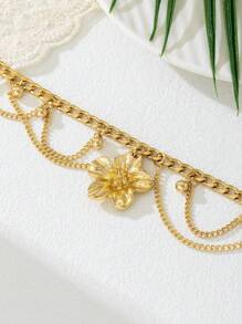 1pc Summer Vacation Style Striped Tassel & Golden Flower Pendant Multilayer Necklace, Gentle & Suitable For Women To Wear On Dates, Evening Parties, Weddings