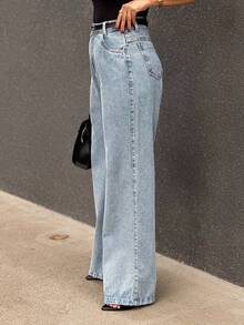Saina 1301 With Black Belt Women's Wide Leg Jeans Pants Without Rips 1301 With Belt - 中等水洗藍 - 查看 2