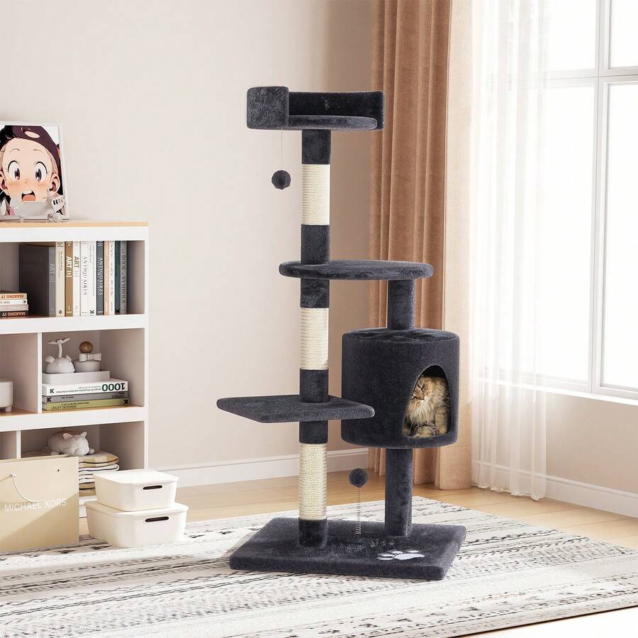 OYAJIA Cat Tree, 116cm Cat Scratching Post For Indoor Cats, Multi-Level Stable Cats Tower With Sisal Scratching Posts, Toy Balls, Cave, Sisal Rope For Kitten Climbing, Playing, Relaxing, Grey - Dark Grey - View 1