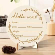 1 pieza Placa de madera de anuncio de nacimiento para adolescentes con elegante pancarta "Hola mundo", ideal como regalo para el baby shower del adolescente y recuerdo, decoración multifuncional para el escritorio de la oficina, tarjeta de hito, cartel de hito de nacimiento de madera, fotografía de hito - color madera - Ver 2