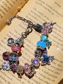 1 pieza Brazalete con dije de flor y mariposa de estilo veraniego, con cuentas de girasol, margarita, mariposa y corazón para DIY, con cuentas de vidrio florales vintage estilo Monet, adecuado como regalo para amigos - Plateado - Ver 4