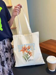New Fashion Orange Floral Letter Print Multipurpose Tote Bag, Large Capacity Convenient For School, Campus, Library, Shopping, Travel, Outdoor, Casual