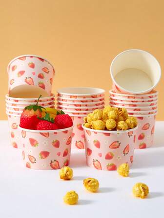 Set de 10 piezas/25 piezas Platos de papel desechables con tema de fresa, platos de papel rosa con fresas, cajas para aperitivos, para fiestas de cumpleaños, fiestas familiares, picnics, restaurantes, vajilla desechable para llevar