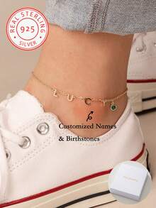 1 PC Of 925 Sterling Silver Personalized Name Anklet, Birthstone Anklet, Custom Name Anklet In Gold/Silver/Rose Gold, Nameplate Anklet, Valentine's Day Gift, Mother's Day Gift - Multicolor - View 2