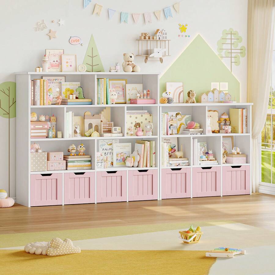 Furchen Toy Storage Furniture, Montessori Shelf, Toy And Book Storage Shelf, Toy Storage Box, 4 Drawers On Wheels, 7 Open Compartments, 125.5 X 33 X 118 Cm