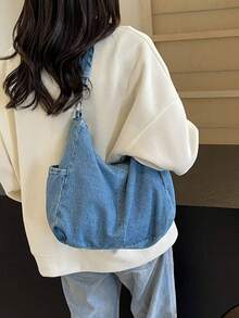 Multi -Pocket Canvas Large -Capacity Preppy Style School Bag Shoulder Bag - Baby Blue - View 8