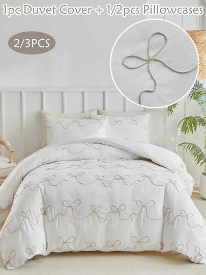 2/3pcs Khaki Bow Pattern Tufted Duvet Cover Set, Cute Elegant Cottagecore Bedding Set For Kids All Seasons Use, Soft& Breathable,(1 Duvet Cover+ 1/2 Pillowcases), No Filler