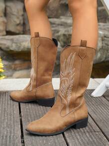 Women Vintage American Embroidered Faux Suede High Boots, Maillard Brown High Chunky Heel Riding Boots, Fashionable Punk Style Chelsea Boots