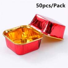50pcs Square Cupcake Liners, 12 Colors, Single-Sided Gold, Heat-Resistant Disposable Aluminum Foil Baking Cups, Suitable For Wedding, Valentine's Day, Christmas, Halloween, Easter, Thanksgiving