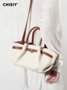 CHISIY Handmade Fashion White With Brown Minimalist Style Tote Bag, Suitable For Business, Casual, Shopping And School, Strap Decor, Metal Accessories, Shoulder Strap, Crossbody, Perfect For Daily, Party And Travel, Lightweight, Vintage Charm, Elegant Personalized, Versatile For Any Occasion, Showcasing Unique Fashion Taste