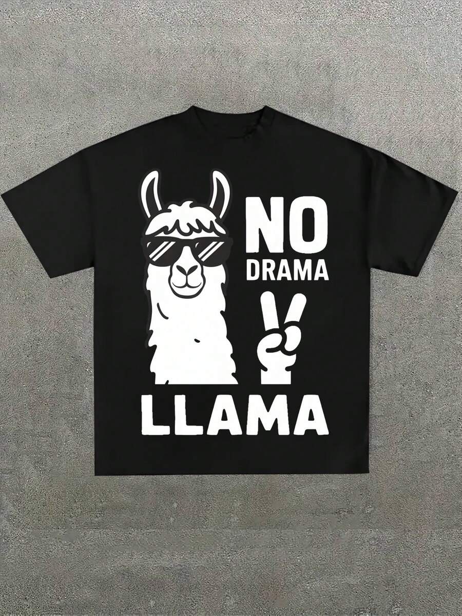 Para hombre,Camisa de T con Dise?o de Lama y el Texto "NO DRAMA"-Estilo Relax y Humorístico,Camiseta casual de cuello redondo y manga corta con estampado,adecuada para uso diario en primavera y verano,unisex - Negro - Ver 1