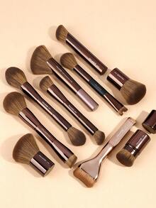 MAANGE 10支装专业面部铝管化妆刷套装，含收纳袋，包括粉底刷、腮红刷、散粉刷、鼻影刷、定妆刷、高光刷、轮廓刷、遮瑕刷等。旅行化妆刷套装，送给女士和女孩的理想礼物。 - 巧克力棕 - 查看 2
