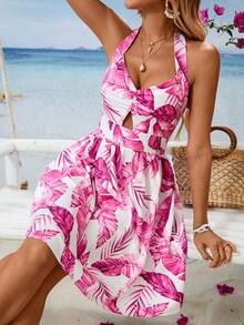 Women's Summer Tropical Print Dress, Versatile Mini Romantic Sleeveless Vacation Dress - Hot Pink - View 1