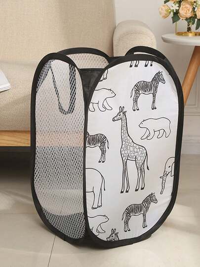 1pc Random Color Cartoon Animal Print Laundry Basket, Large Capacity Dirty Clothes Storage Basket, Household Laundry Basket, Bathroom Storage Basket, Foldable Laundry Basket