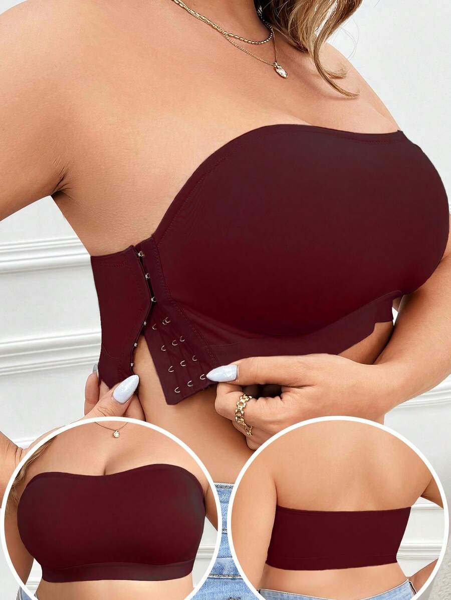 Bralette minimalista sin aros de unicolor tallas grandes, para uso casual diario - Burdeos - Ver 1