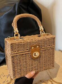 Borsa da vacanza con motivo quadrato minimalista alla moda, borsa quadrata retrò piccola, nuova borsa intrecciata casual e alla moda, borsa a spalla, borsa a tracolla, borsa a mano