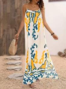 Women Plant Print Ruched Casual Spaghetti Strap Mid-Length Dress
