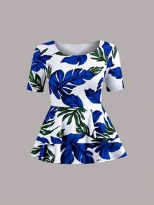 Conjunto de top con cuello redondo con volantes y falda ajustado de unicolor para mujer de talla grande, conjunto de moda para primavera/verano - Azul - Ver 5