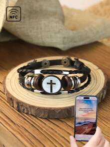 1pc Retro Leather Cross Bracelet For Men, NFC Faith Rope Daily Bible Website Access - Multicolor - View 5